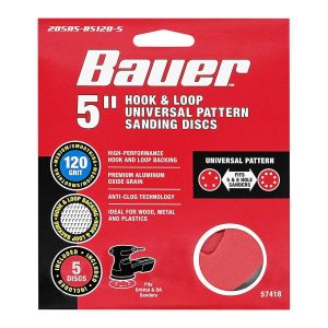BAUER - 5 in., 120-Grit Hook-and-Loop Universal Pattern Sanding Discs, 5-Pack - 57418