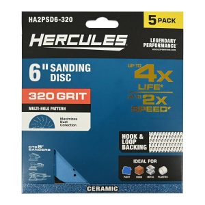 HERCULES - 6 in., 320-Grit Hook-and-Loop Multihole Pattern Sanding Disc with Ceramic Alumina Grain, 5-Pack - 58409