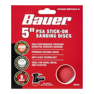 BAUER - 5 in., 400-Grit PSA Sanding Discs with Zirconia Alumina Grain, 5-Pack - 58234