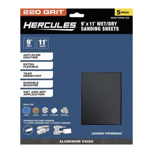 HERCULES - 9 in. x 11 in., 220-Grit Wet/Dry Sanding Sheets with Aluminum Oxide Grain, 5-Pack - 58436