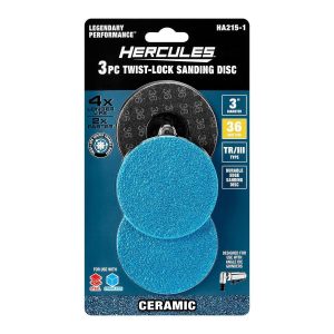 HERCULES - 3 in., 36-Grit Twist Lock Sanding Discs Type TR/III with Ceramic Alumina Grain, 3-Pack - 58402