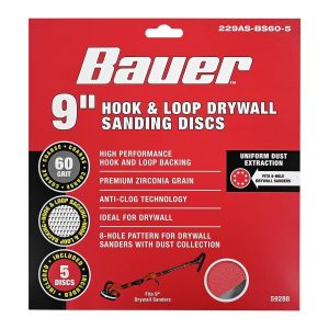 BAUER - 9 in., 60-Grit Hook-and-Loop Drywall Sanding Discs, 5-Pack - 59288