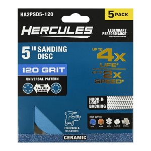 HERCULES - 5 in., 120 Grit Hook and Loop Universal Pattern Sanding Disc with Ceramic Alumina Grain, 5 Pack - 58403