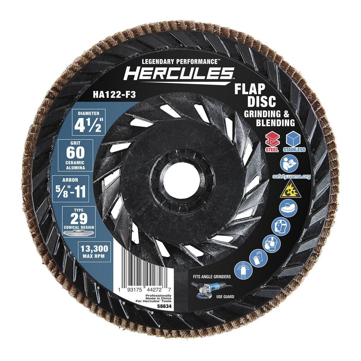 Disco de lija de solapa HERCULES 4-1/2 pulg., grano 60, tipo 29, con respaldo plástico y grano cerámico | HA122-F3