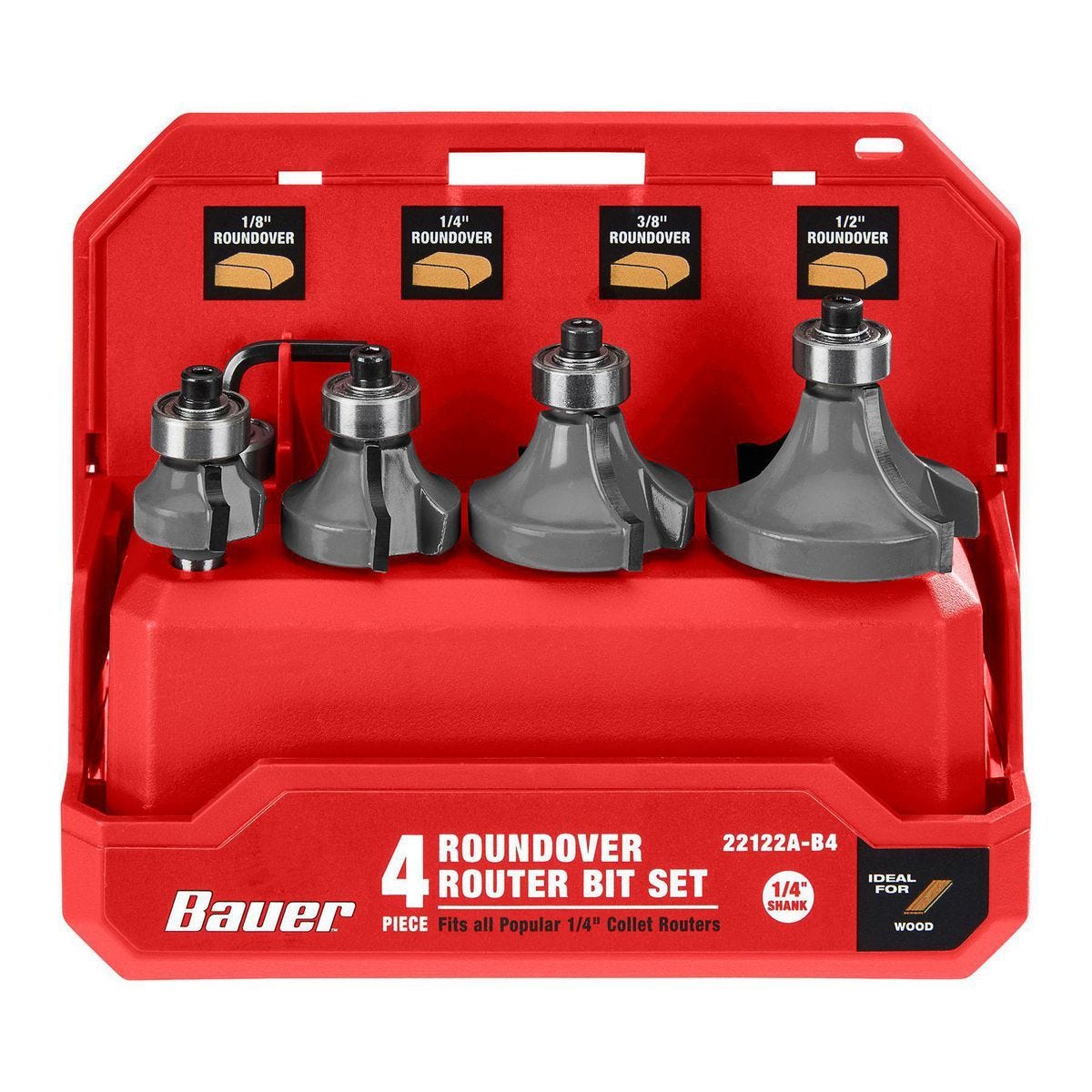 Juego de 4 fresas de redondeo para router BAUER, con carburo C3 y vástago de 1/4 pulgada | 22122A-B4