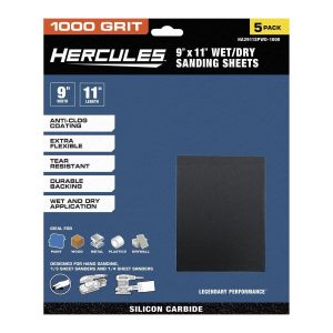 Lijas húmedas/secas HERCULES de 9 x 11 pulgadas, grano de carburo de silicio, grano 1000, paquete de 5 hojas | HA2911SPWD-1000