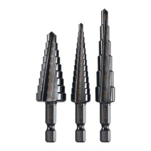 Juego de 3 brocas escalonadas de 1/8 a 3/4 pulgadas con recubrimiento negro BAUER, modelos #1 (13 pasos), #2 (6 pasos) y #3 (9 pasos) | 1891A-B9