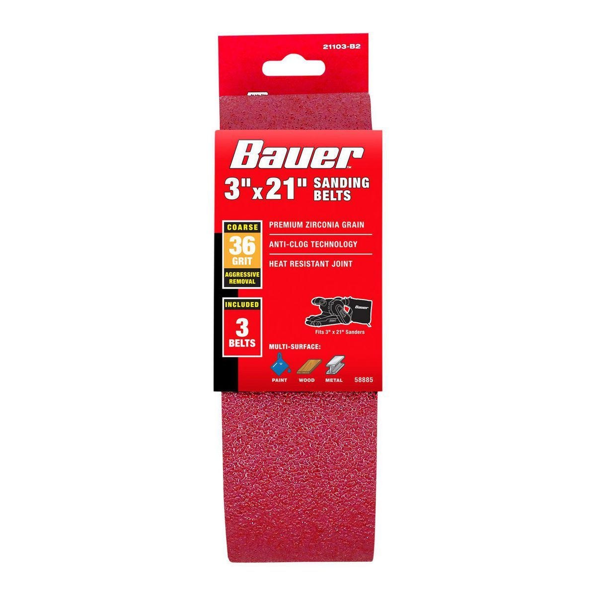Lijas de banda de 3 x 21 pulgadas, grano de alúmina zirconia, 36 grit, paquete de 3 | 21103-B2