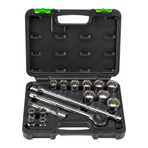 Juego de dados métricos de 16 piezas con transmisión de 1/2 pulgada, incluye trinquete y barra extensora | 63458