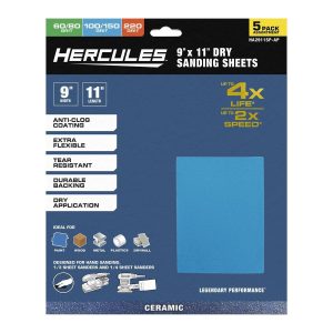 Juego de 5 hojas de lija seca HERCULES de 9 x 11 pulgadas con grano de alúmina cerámica | HA2911SP-AP