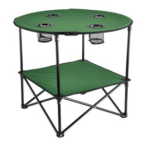 Mesa plegable para camping verde, con 4 porta vasos y estante inferior | 57485