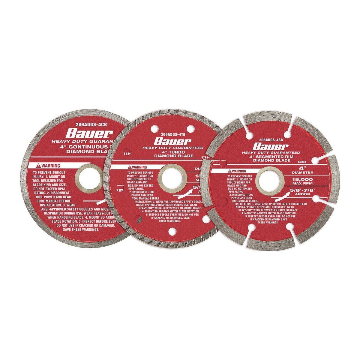 Juego de 3 discos de diamante de 4 pulgadas BAUER para corte de concreto, mampostería y azulejo | 206ADGS-4AB