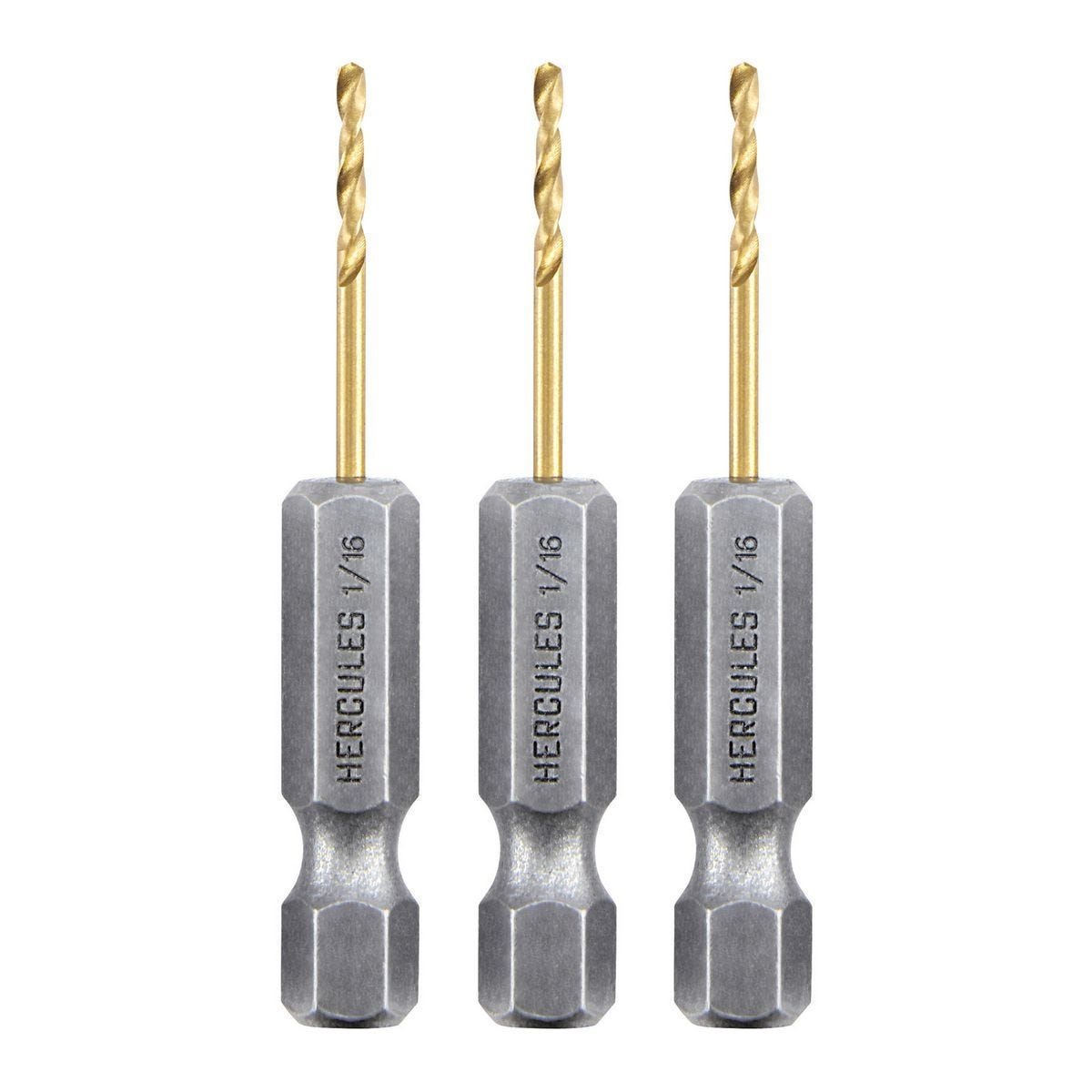 Juego de 3 brocas de titanio HERCULES BLUEBRAID con vástago hexagonal de 1/16 pulgada para taladro de impacto | HA23-HX1