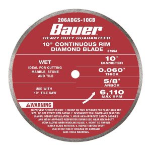 Disco de diamante de corte húmedo de borde continuo de 10 pulgadas BAUER para sierra de azulejos | 206ADGS-10CB