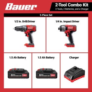 Kit de taladro y llave de impacto inalámbricos BAUER 20V con 2 baterías de 1.5 Ah y cargador | 70933