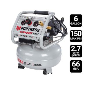 Compresor de aire portátil ultra silencioso Fortress, 6 galones, 150 PSI, sin aceite, para trabajo en obra | FT6150UQ