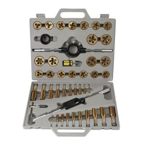 Juego de machuelos y dados de acero aleado con recubrimiento de nitruro de titanio, 45 piezas métricas | 61410